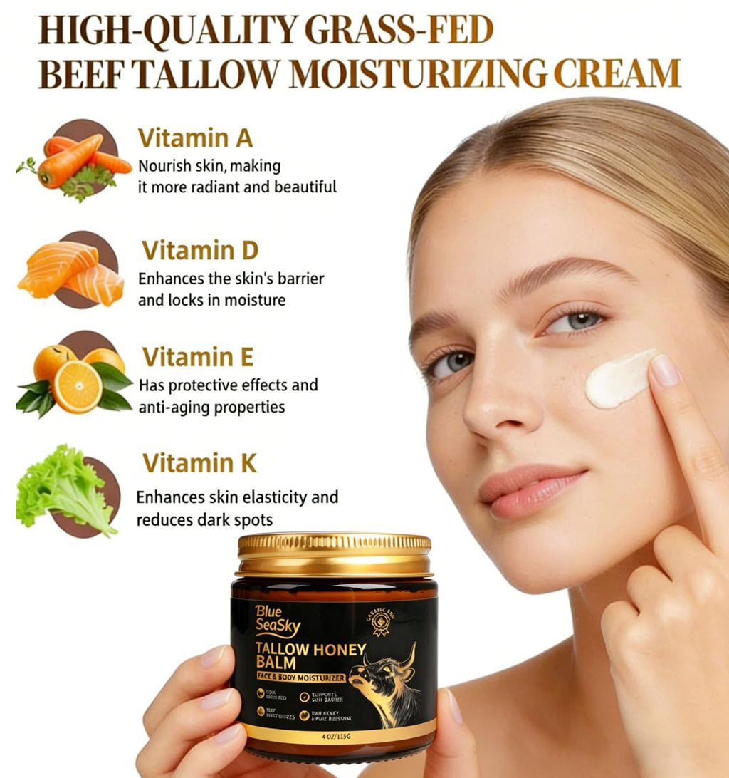 Back label of Blue Sea Sky organic grass-fed beef tallow moisturizer