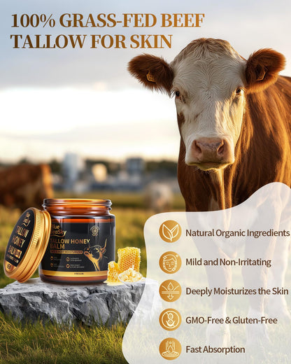 Applying a pea sized amount of whipped tallow honey moisturizer onto hands