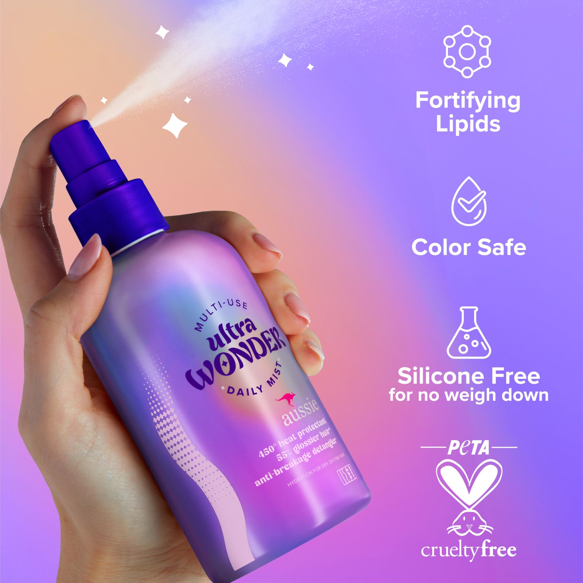 Close up of Aussie Ultra Wonder spray nozzle and packaging