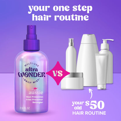 Side profile of Aussie Ultra Wonder Daily Mist 7.6 fluid ounce bottle