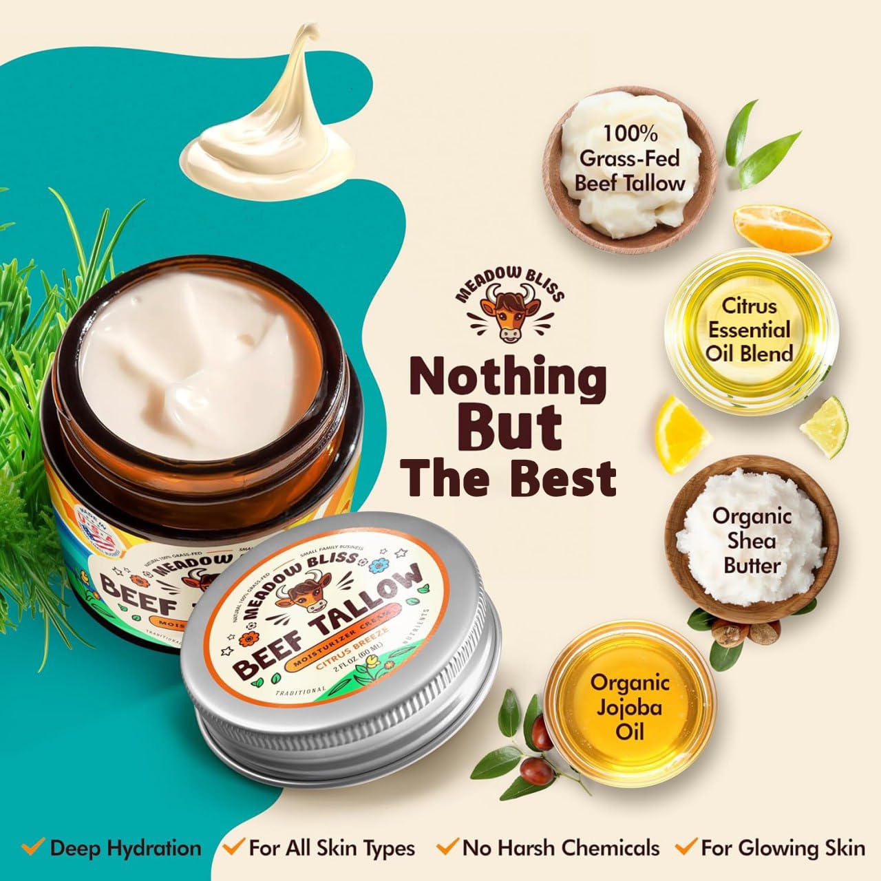 Meadow Bliss ancestral skincare tallow cream jar with ingredients label