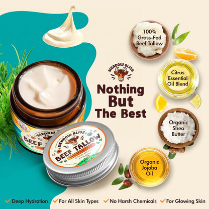 Meadow Bliss ancestral skincare tallow cream jar with ingredients label