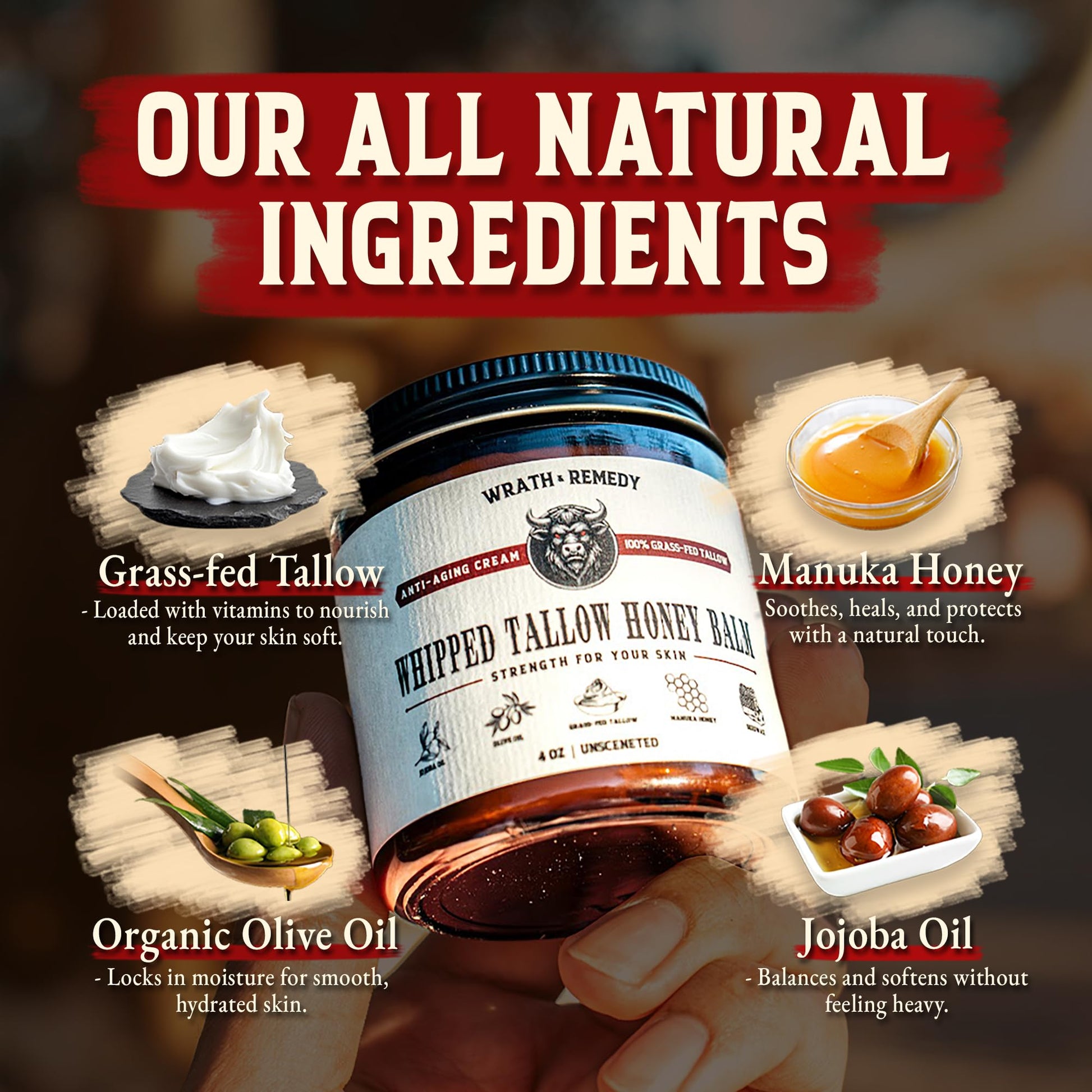 Natural grass fed beef tallow balm for rosacea and deep skin moisturizing