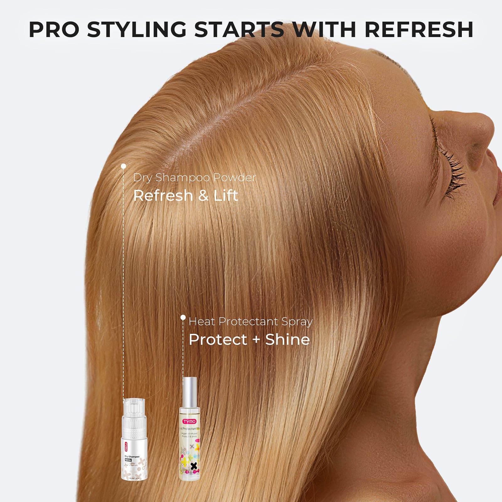 Professional hair styling with Tymo heat defense spray