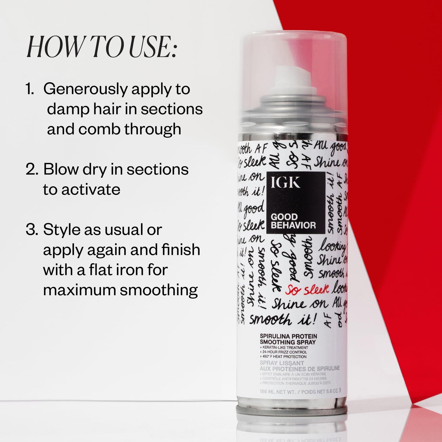 IGK Good Behavior spray bottle next to a professional hair dryer