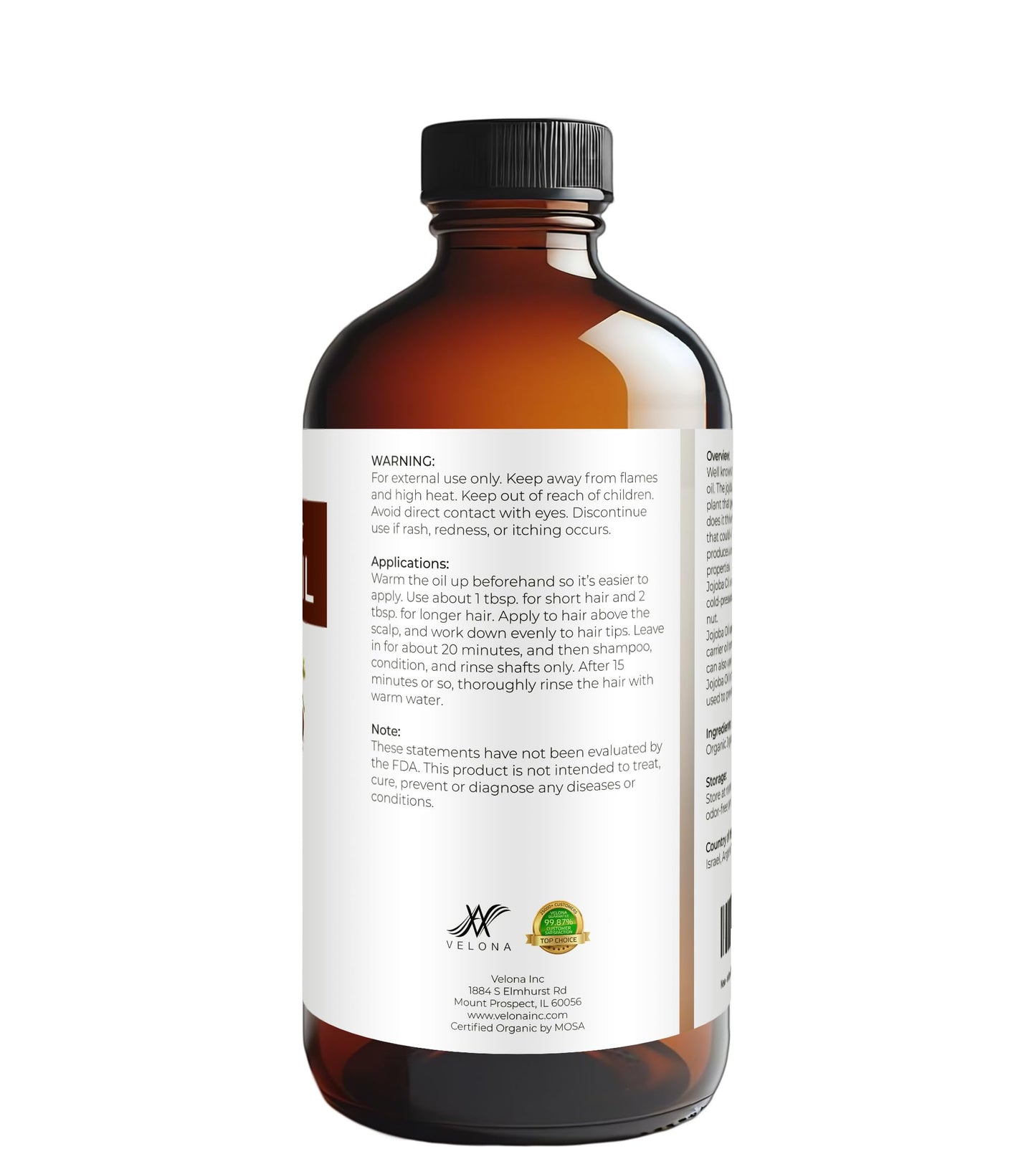 Velona jojoba oil label highlighting USDA organic certification