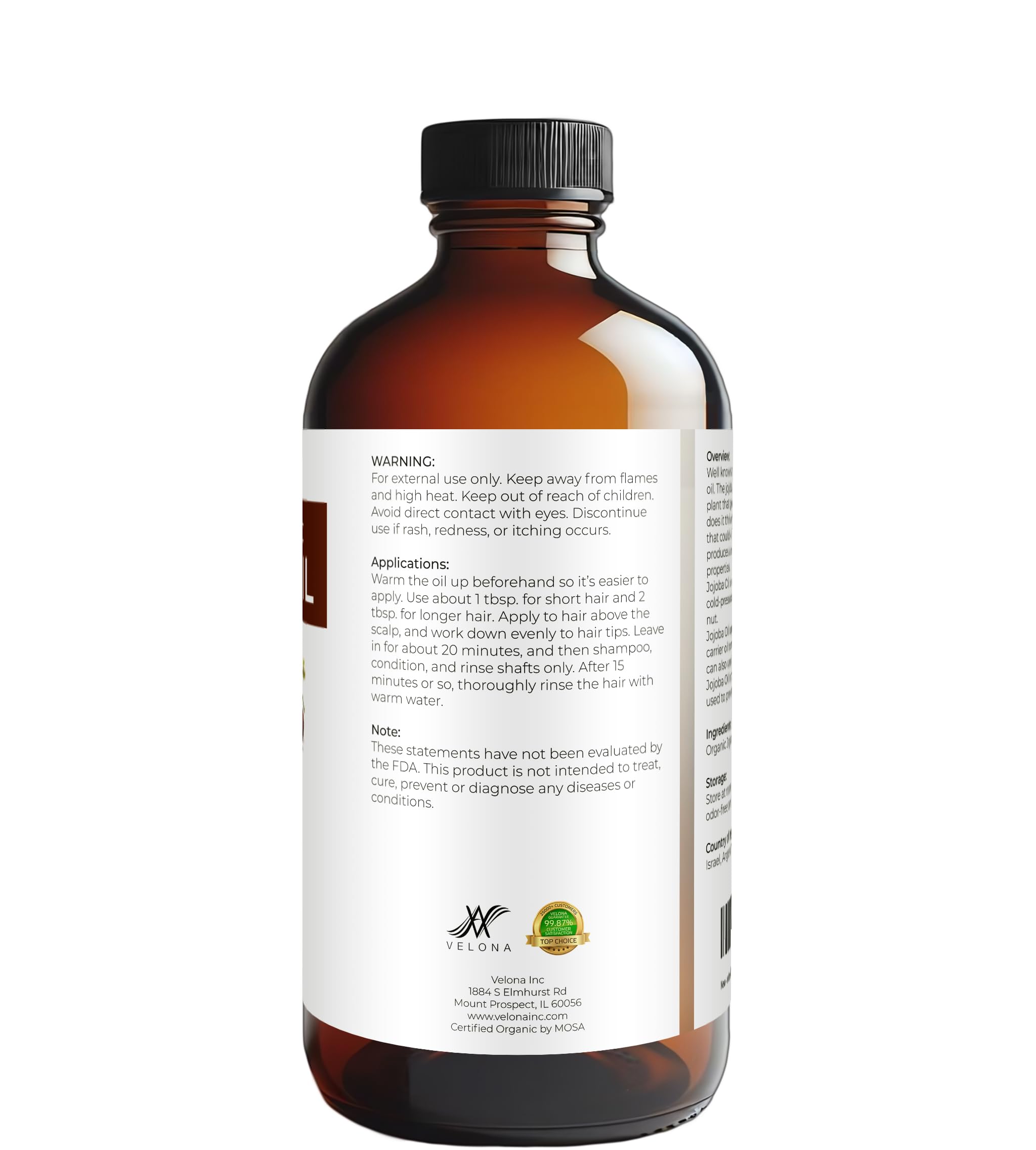 Velona jojoba oil label highlighting USDA organic certification
