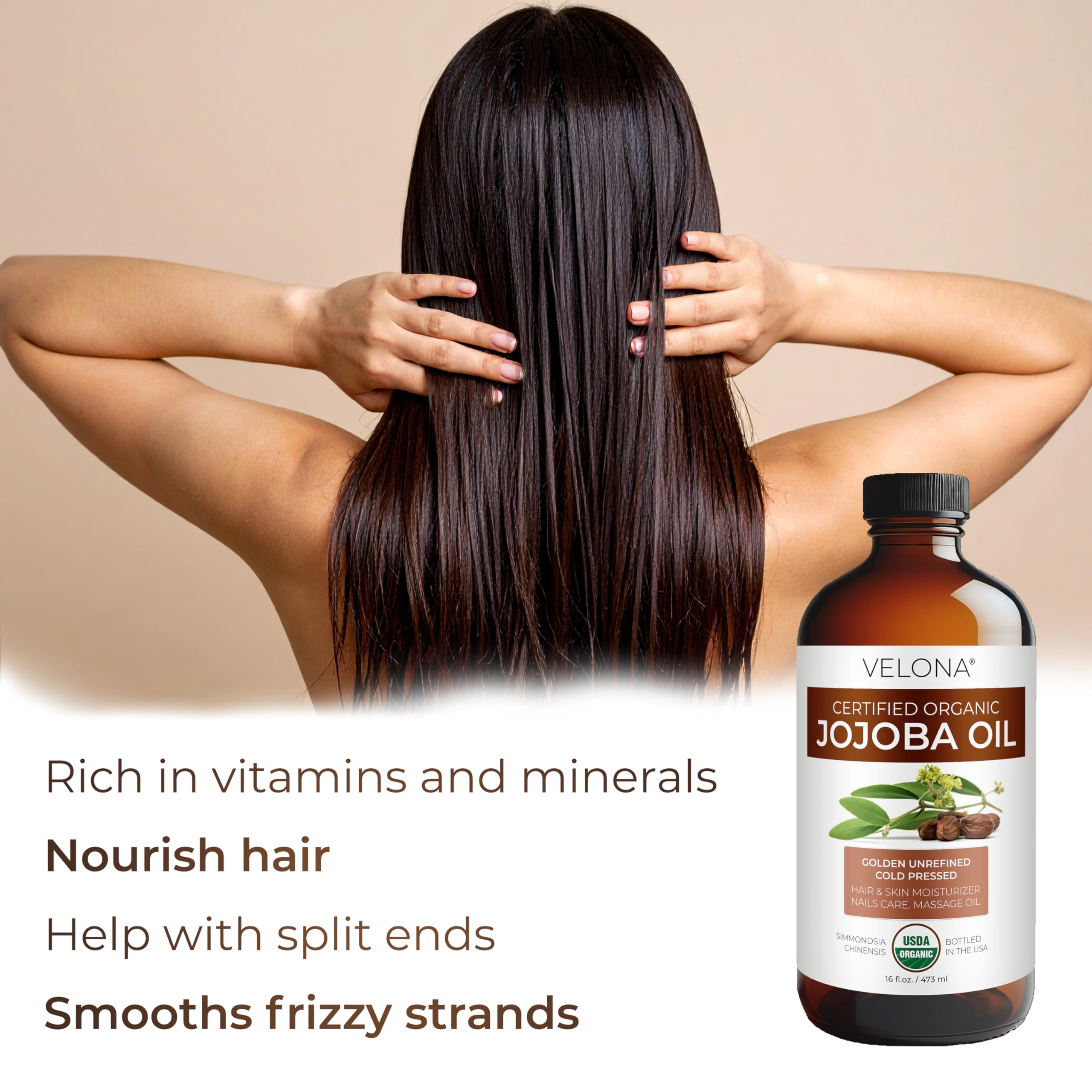 Person applying Velona jojoba oil to hair and skin