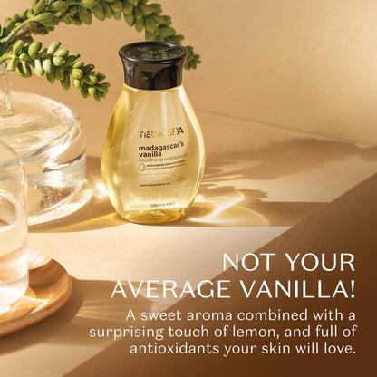 Nativa SPA body oil bottle next to Madagascar vanilla bean imagery