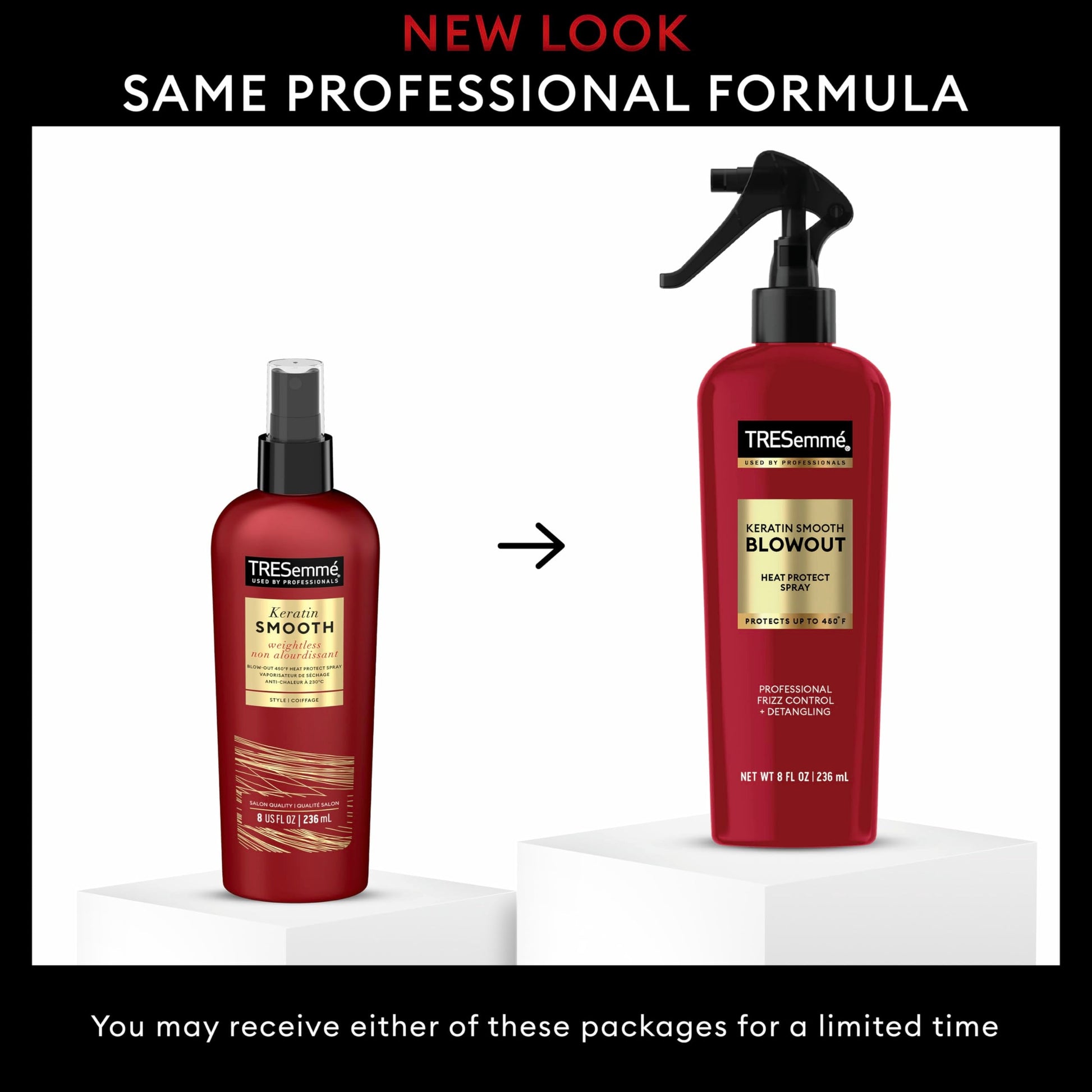 Back label of TRESemmé Expert Selection Heat Protection Spray showing ingredients and 450 degree protection