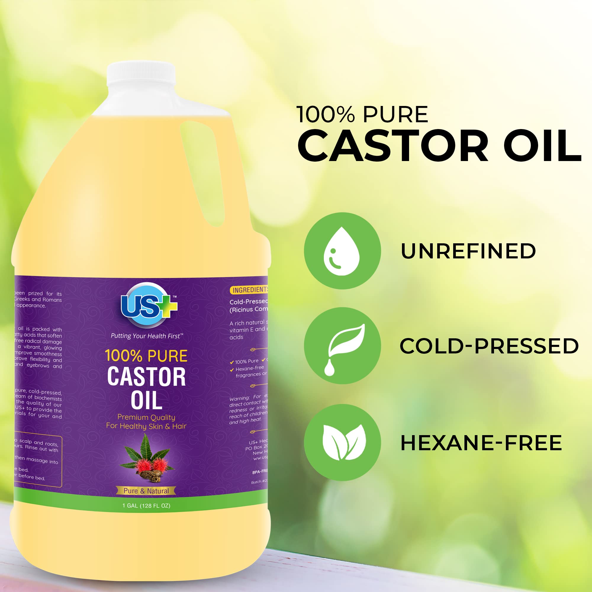 Us Plus cold pressed unrefined castor oil product label details