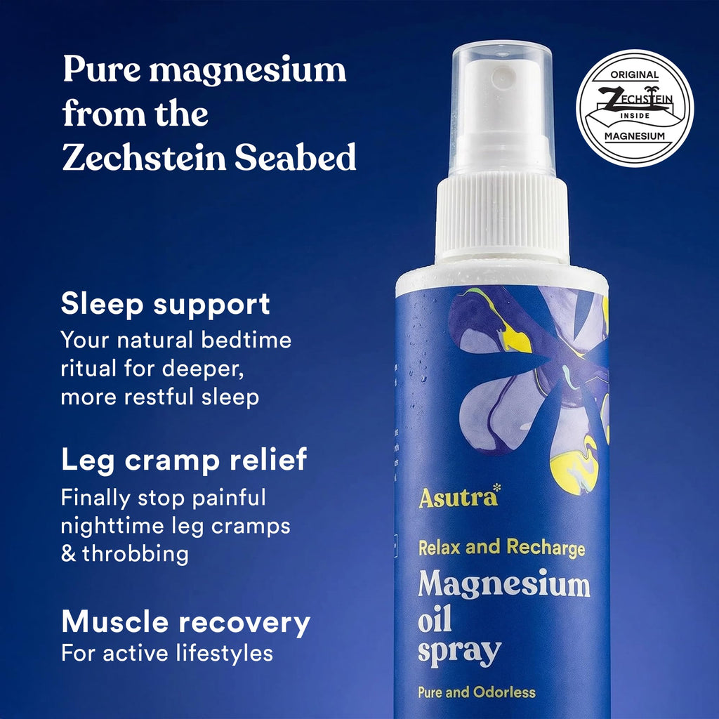 Asutra magnesium oil spray bottle back label ingredients