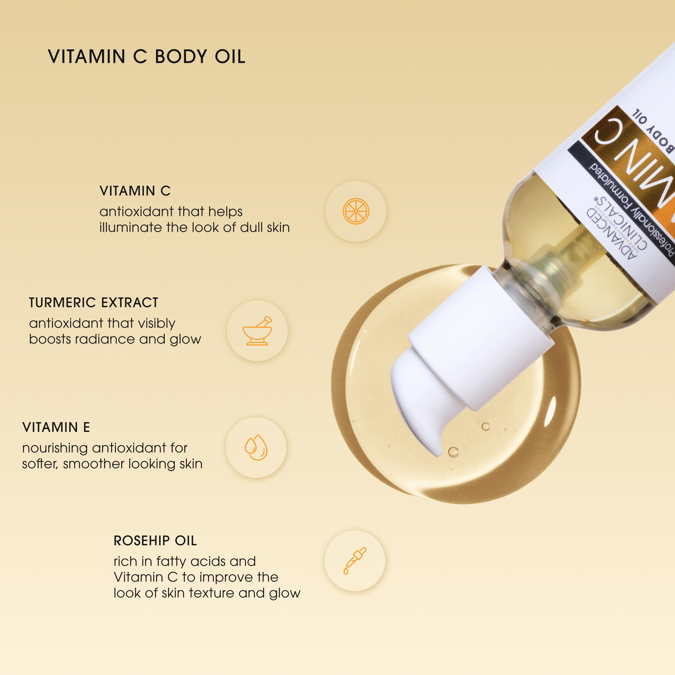 Advanced Clinicals brightening body oil ingredients label detail