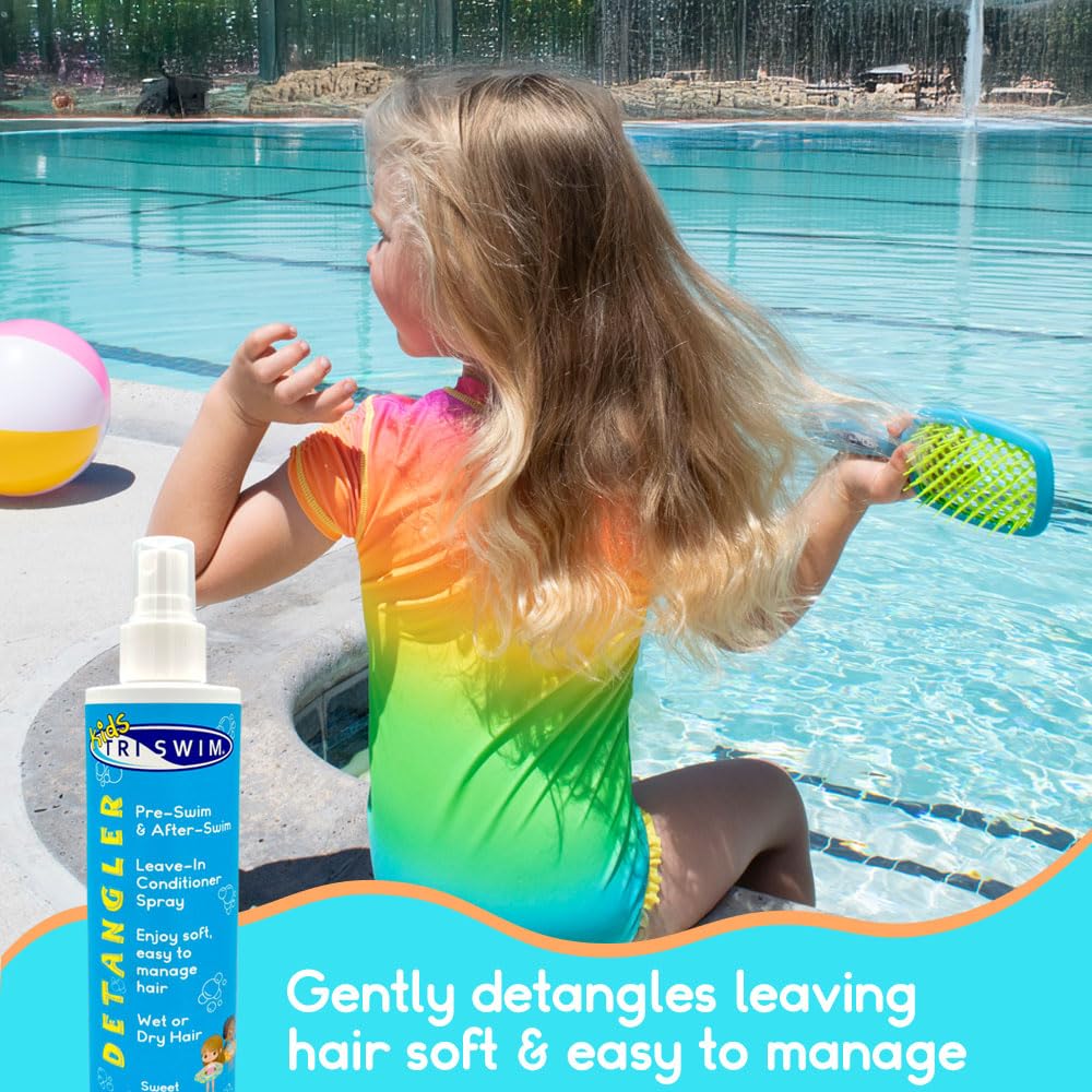 Close-up view of the TRISWIM Kids Detangler spray nozzle and ergonomic bottle design for easy application