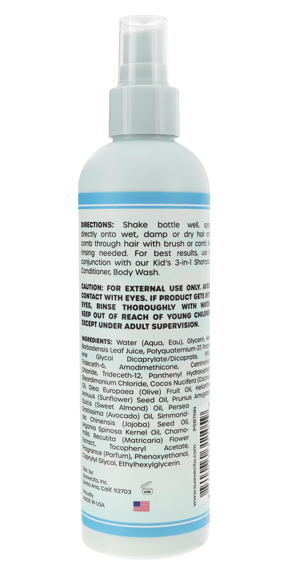 Suavecito Kids plant based leave in detangler spray showing natural hair conditioning ingredients