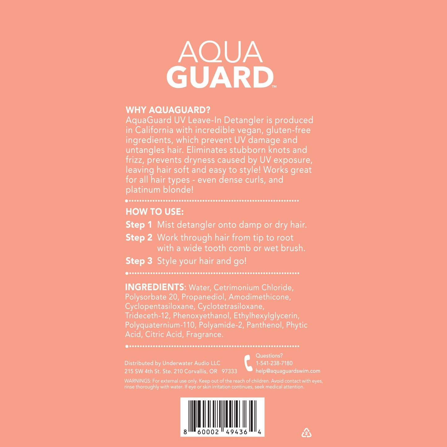 Side view of the authentic USA imported AQUA GUARD hair defense bottle showing fluid ounce volume indicators
