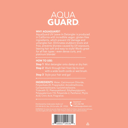 Side view of the authentic USA imported AQUA GUARD hair defense bottle showing fluid ounce volume indicators