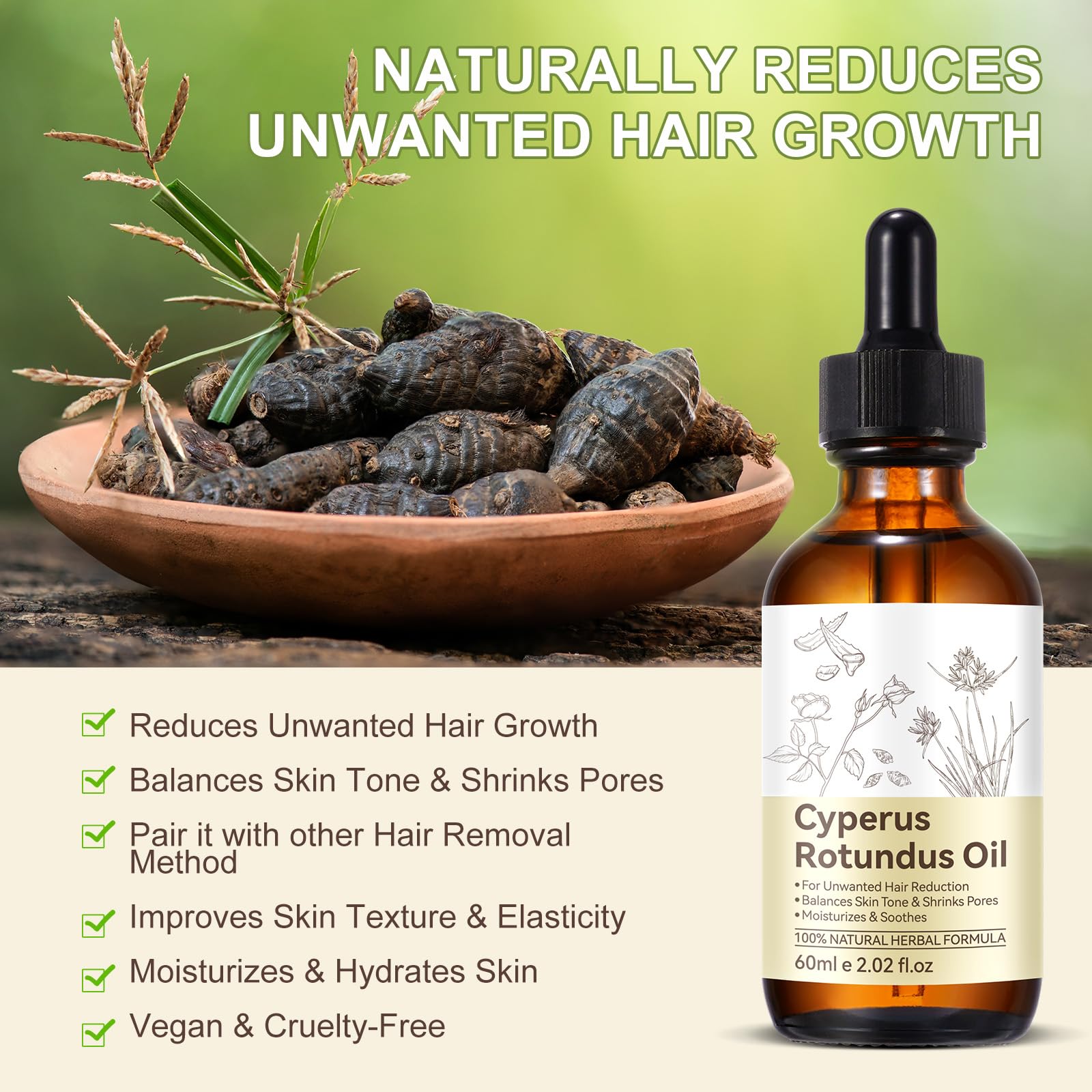 Huyehf herbal hair removal support oil bottle side profile.