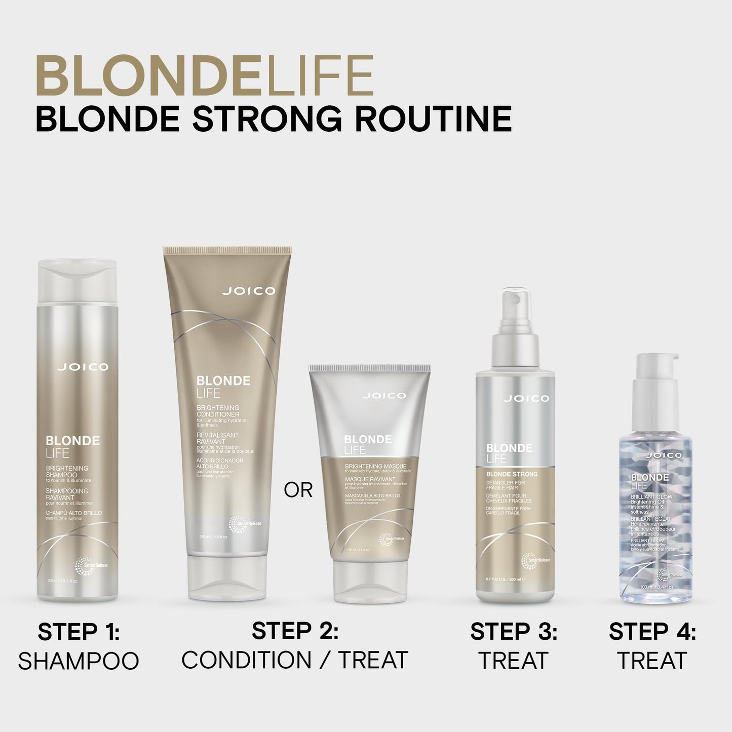 Close up view of Joico professional blonde hair detangler for fragile lightened hair textures.