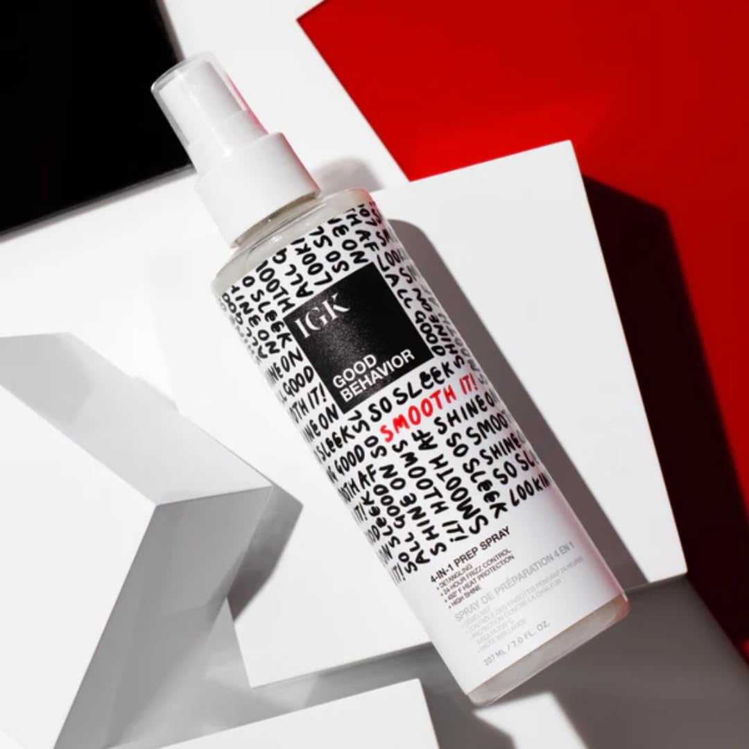 Back label of IGK multitasking heat protectant spray showing instructions