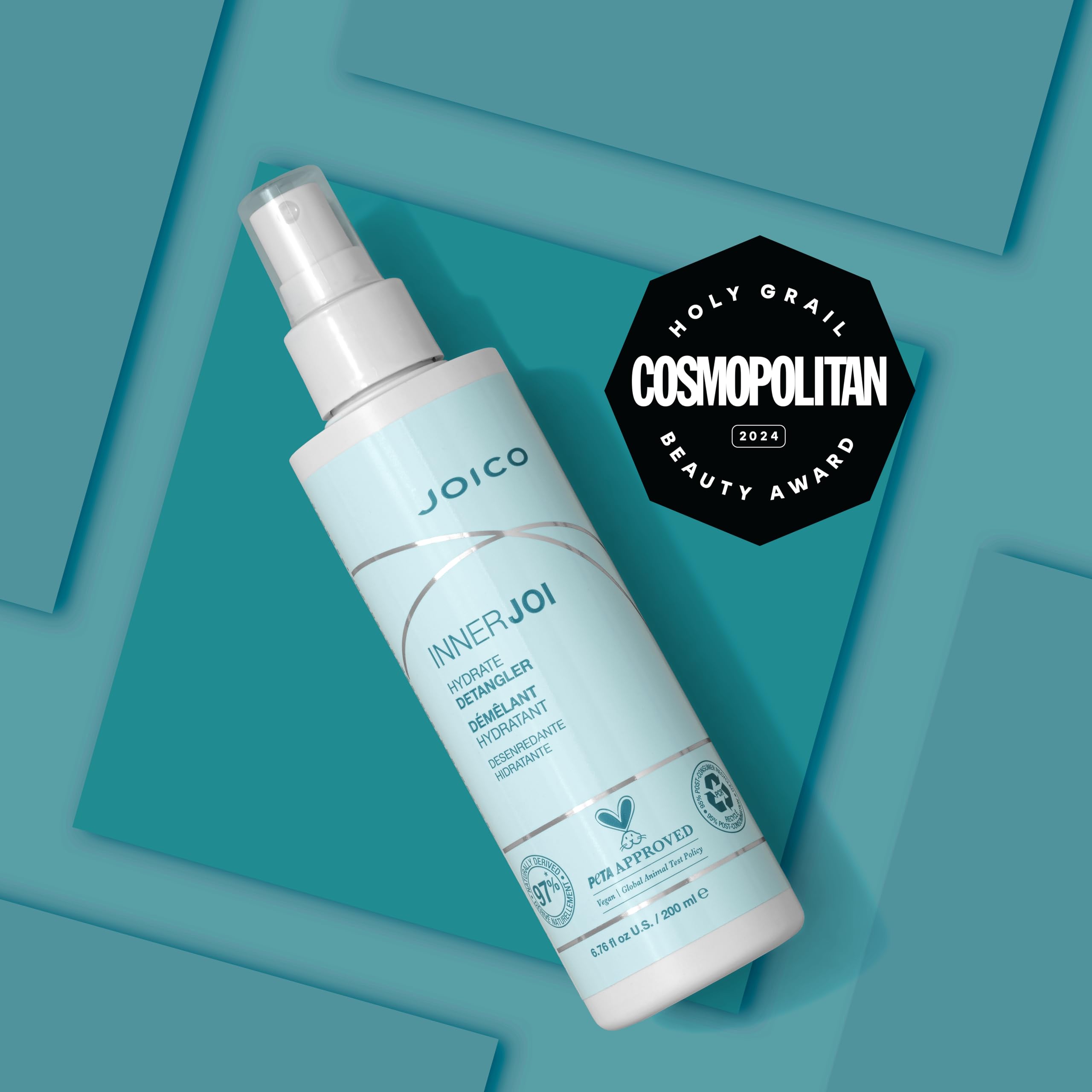 Joico InnerJoi Hydrating leave in spray bottle displaying product benefits.