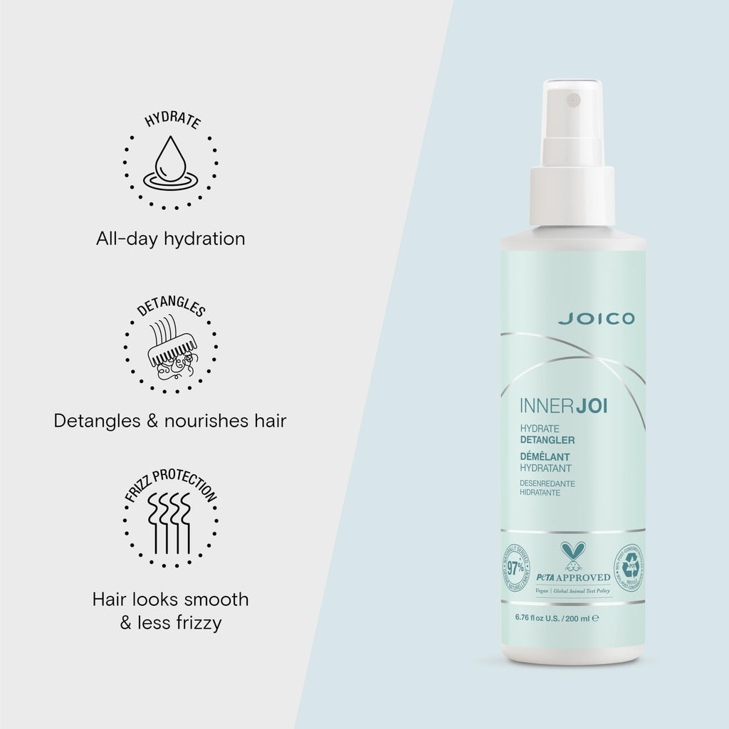 Joico InnerJoi Hydrate Detangler bottle next to natural ingredients