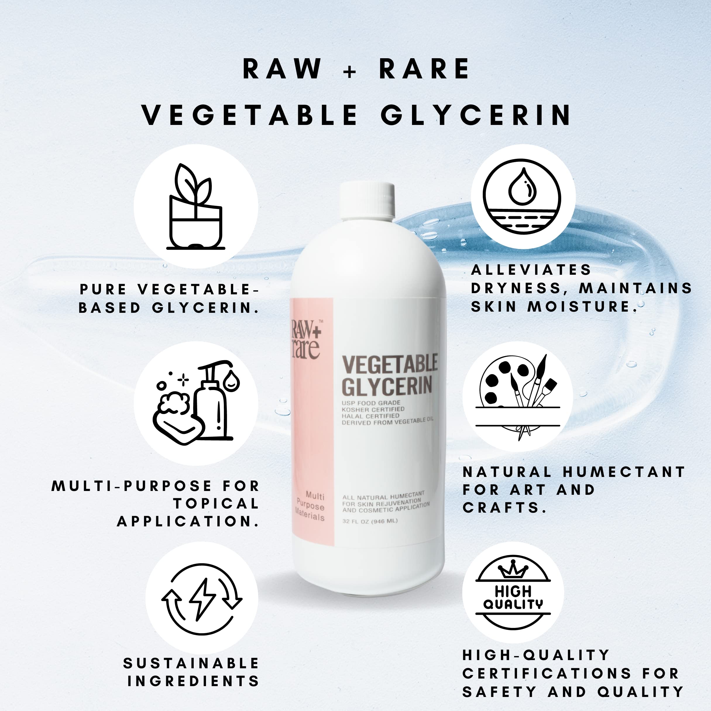 Raw Plus Rare Glycerin label showing USP grade and certifications