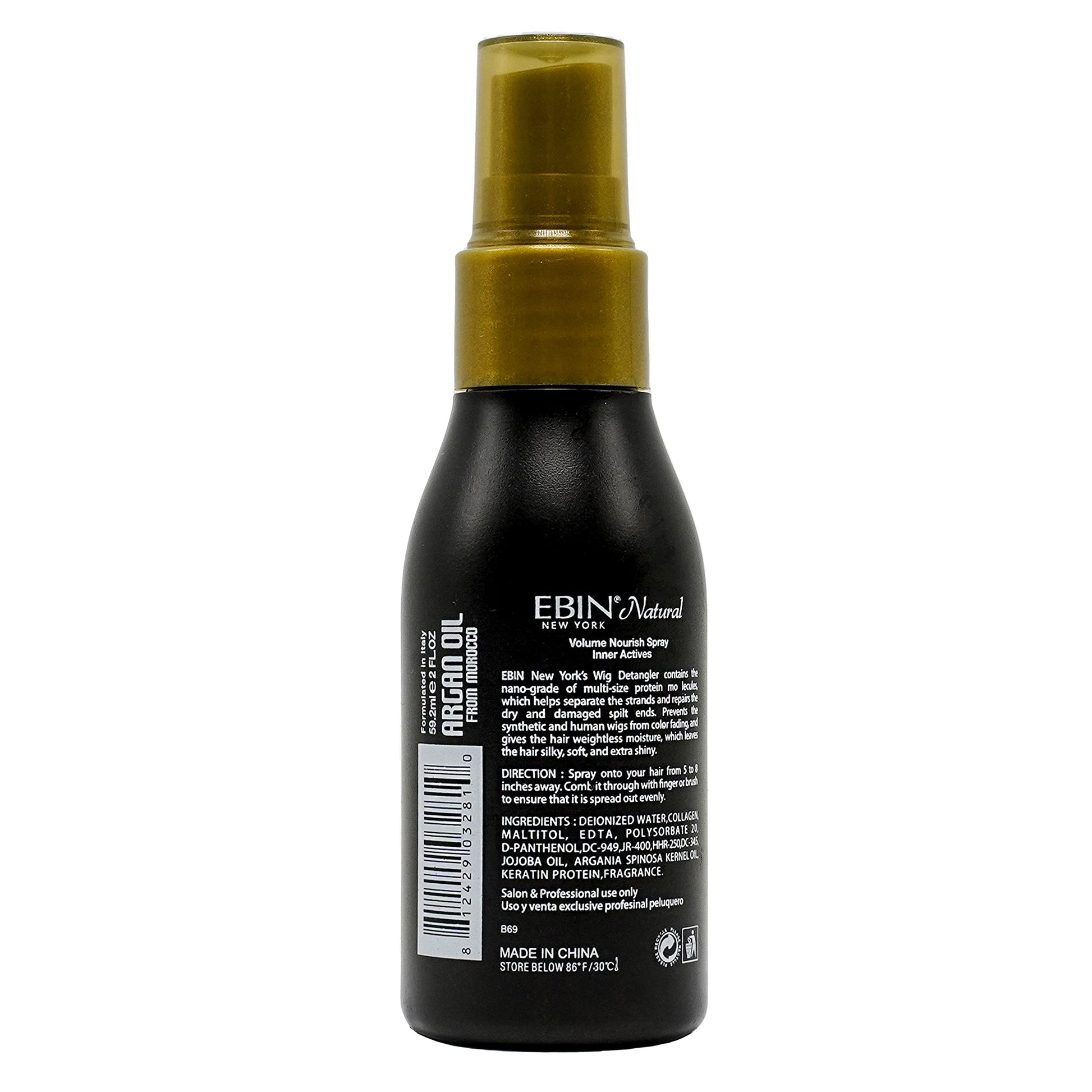 EBIN NEW YORK conditioning detangling spray packaging details showcasing argan oil benefits