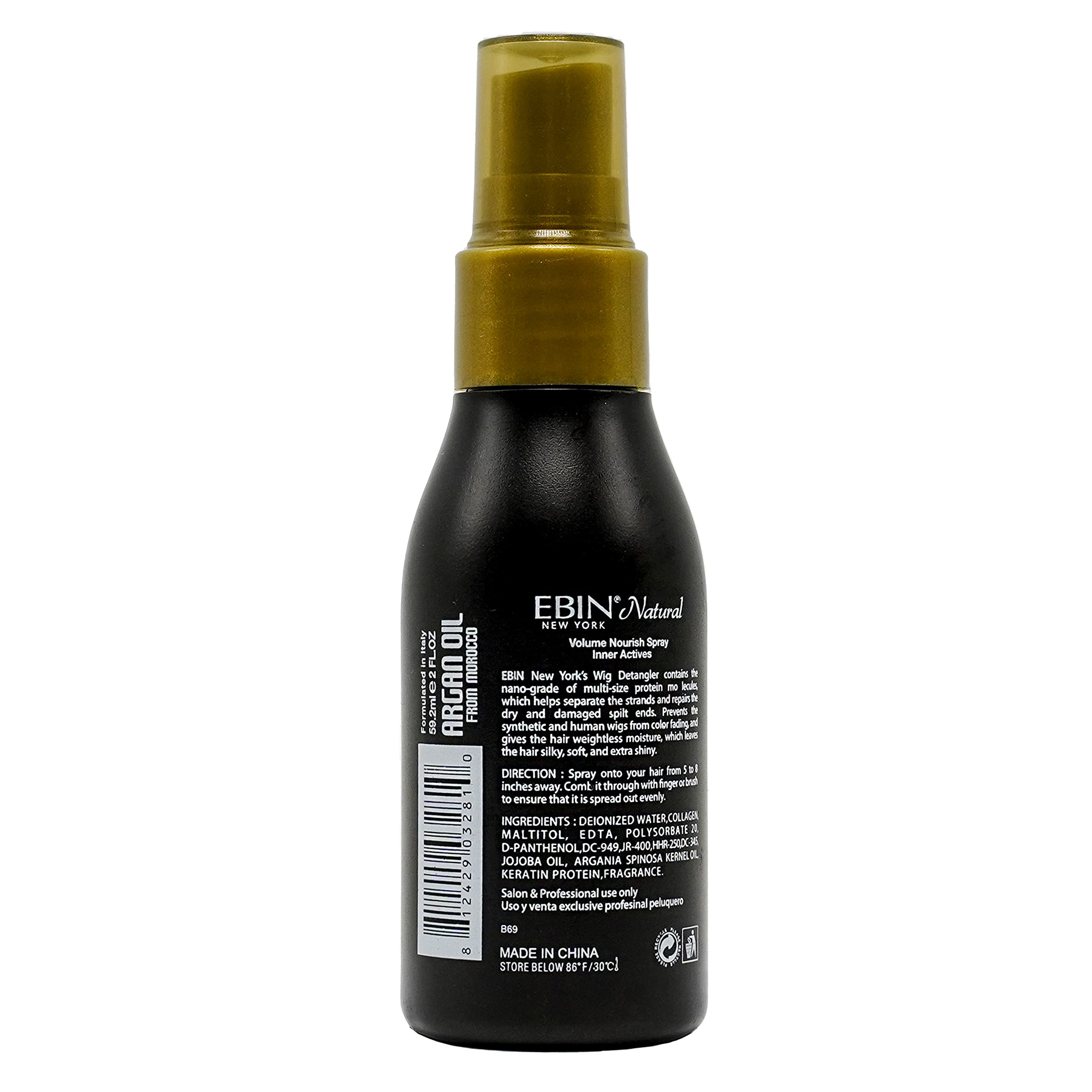 EBIN NEW YORK conditioning detangling spray packaging details showcasing argan oil benefits