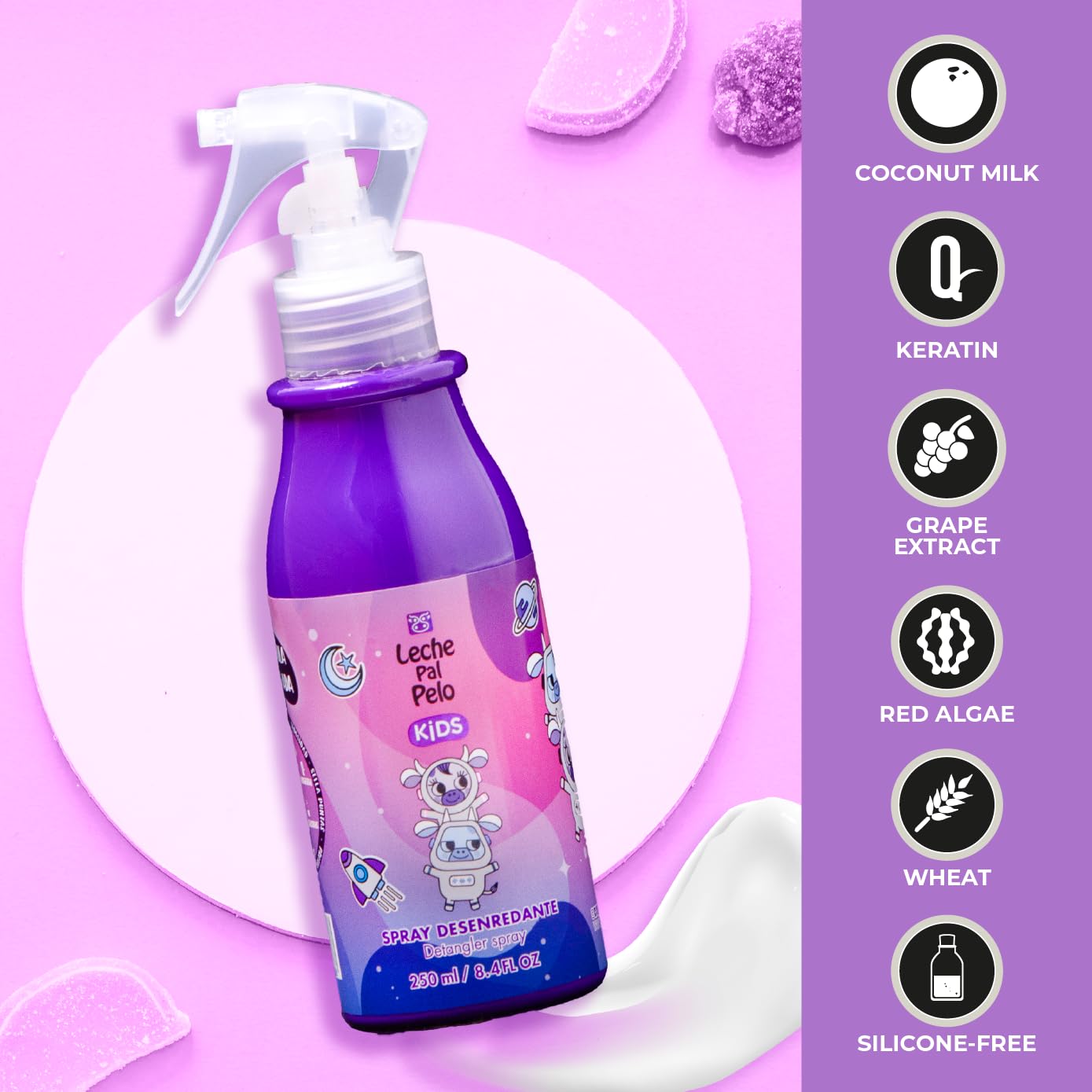 Leche Pal Pelo leave in conditioner spray for children showing product label details