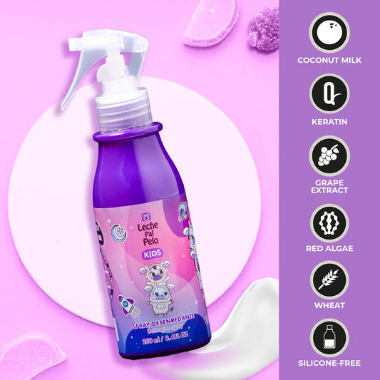 Leche Pal Pelo leave in conditioner spray for children showing product label details