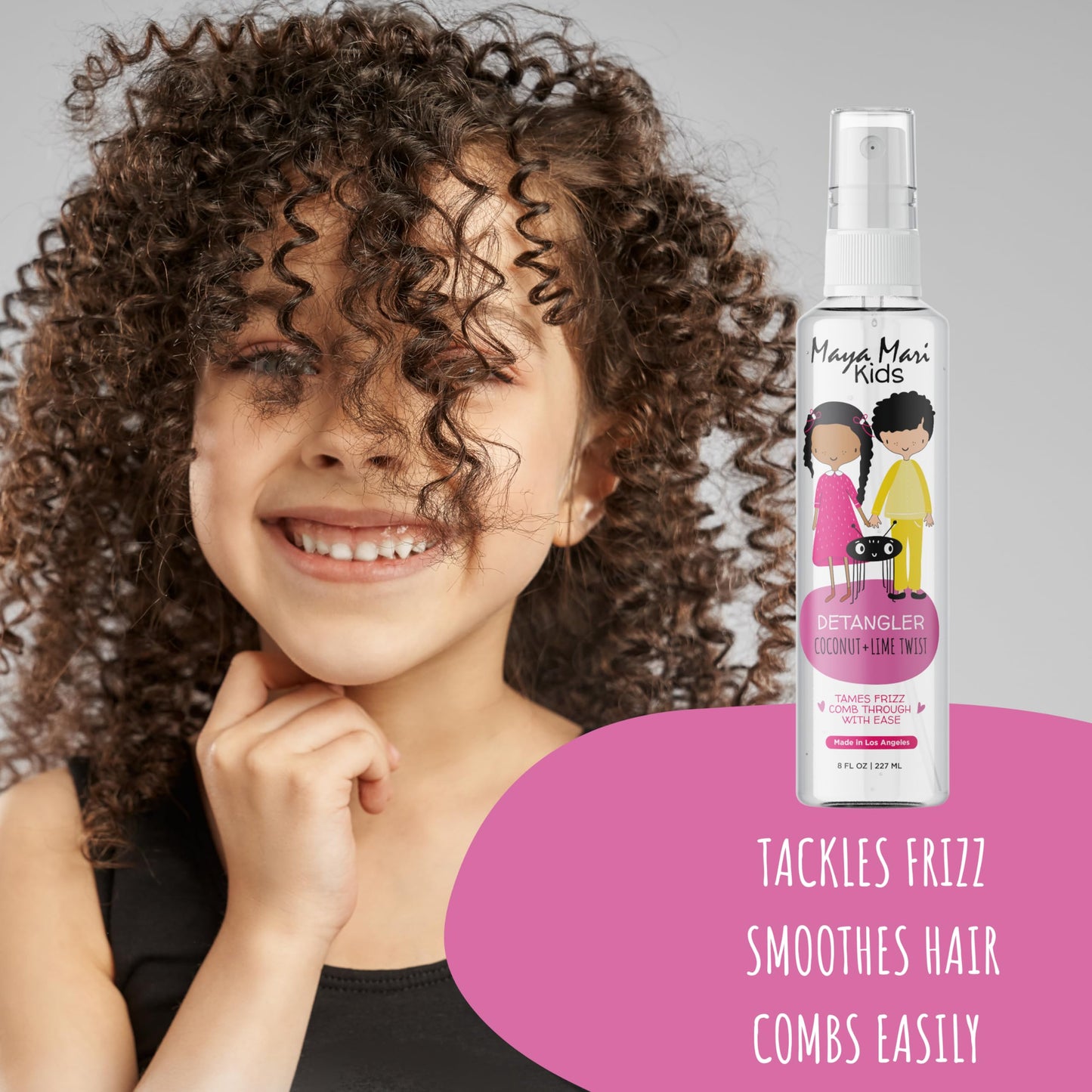 Maya Mari children hair detangling spray close up on coconut and lime text