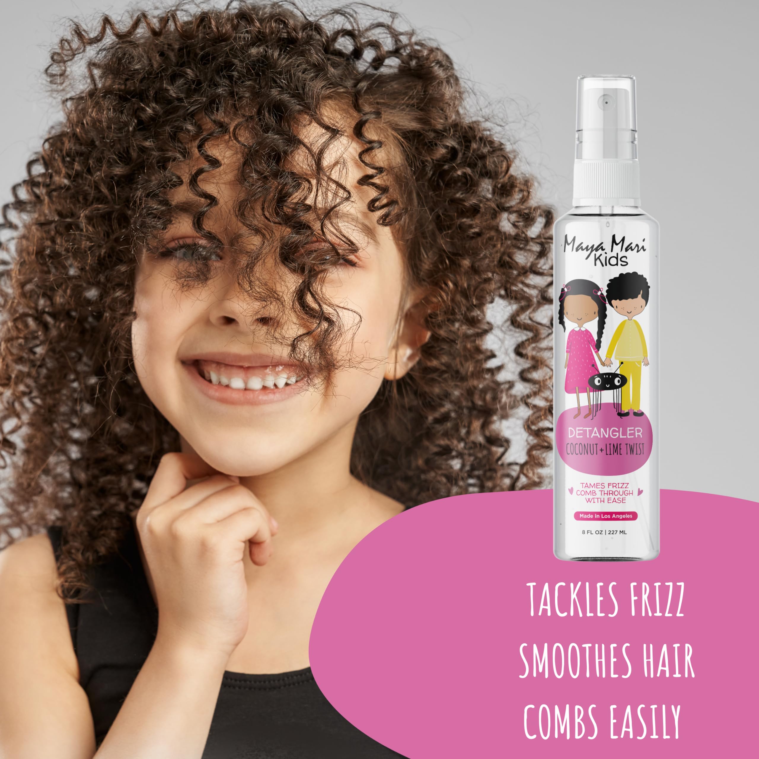 Maya Mari children hair detangling spray close up on coconut and lime text