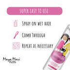 Maya Mari Kids Detangler Spray bottle next to hair brush