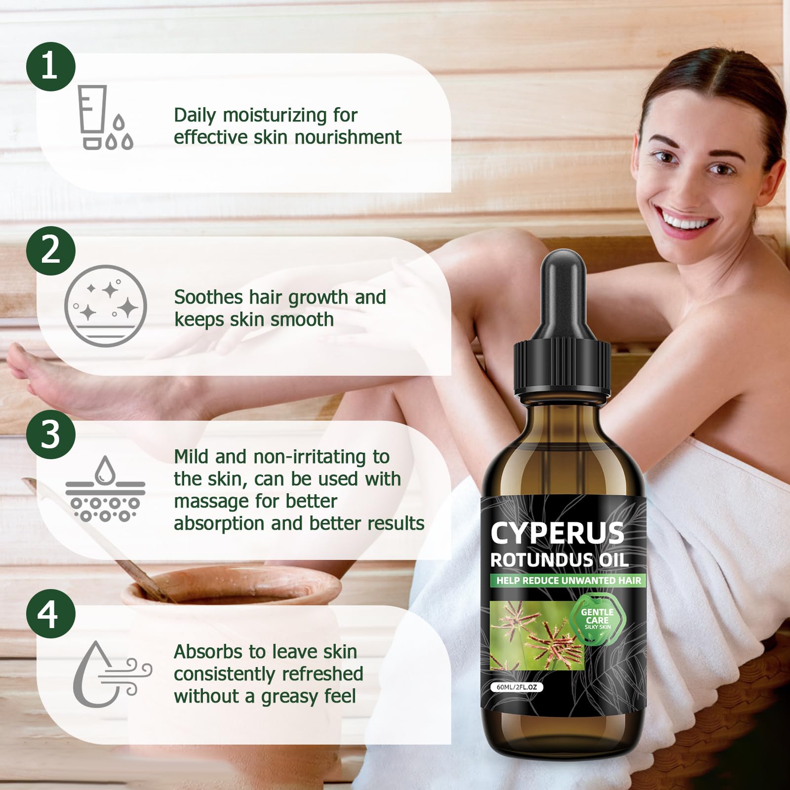Application of Cyperus Rotundus oil on arm for hair growth reduction