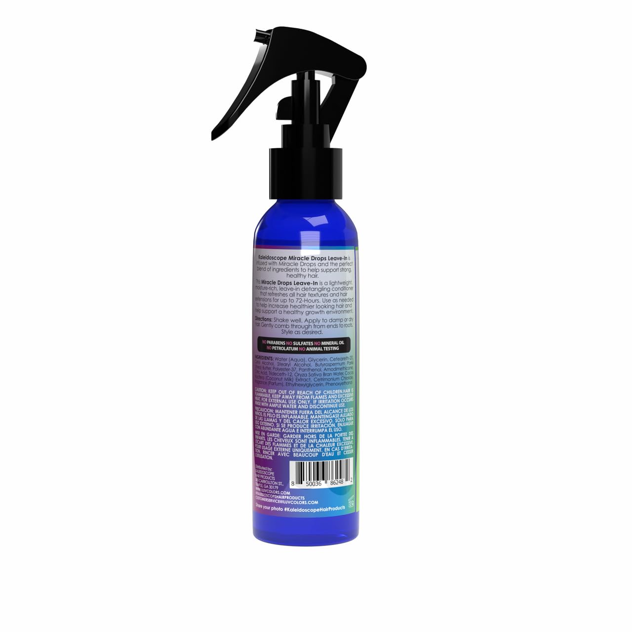 Authentic Kaleidoscope Miracle Drops lightweight moisturizing spray packaging displaying key product ingredients and directions.