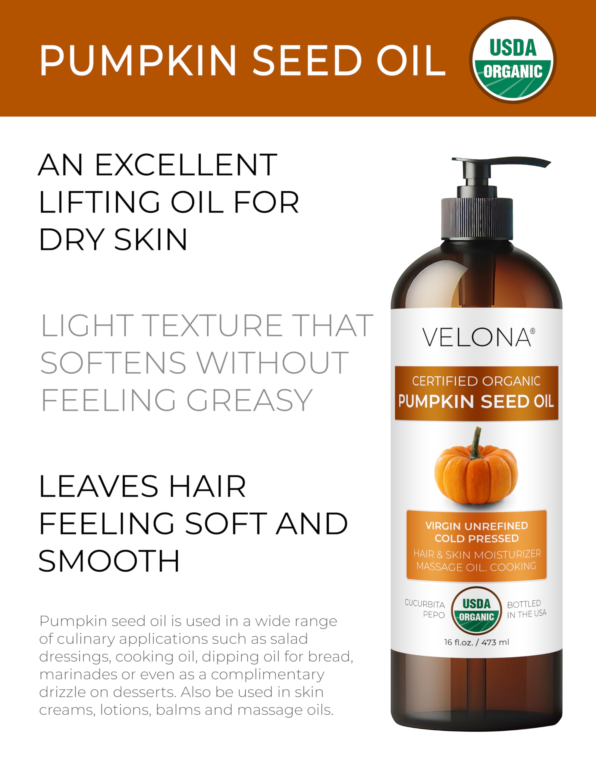 Velona organic pumpkin seed oil bottle with pump dispenser