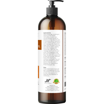 Unrefined pumpkin seed oil bottle showing USDA organic label