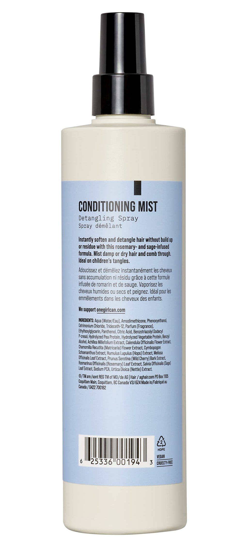 AG Care Conditioning Mist Detangling Spray bottle back label details