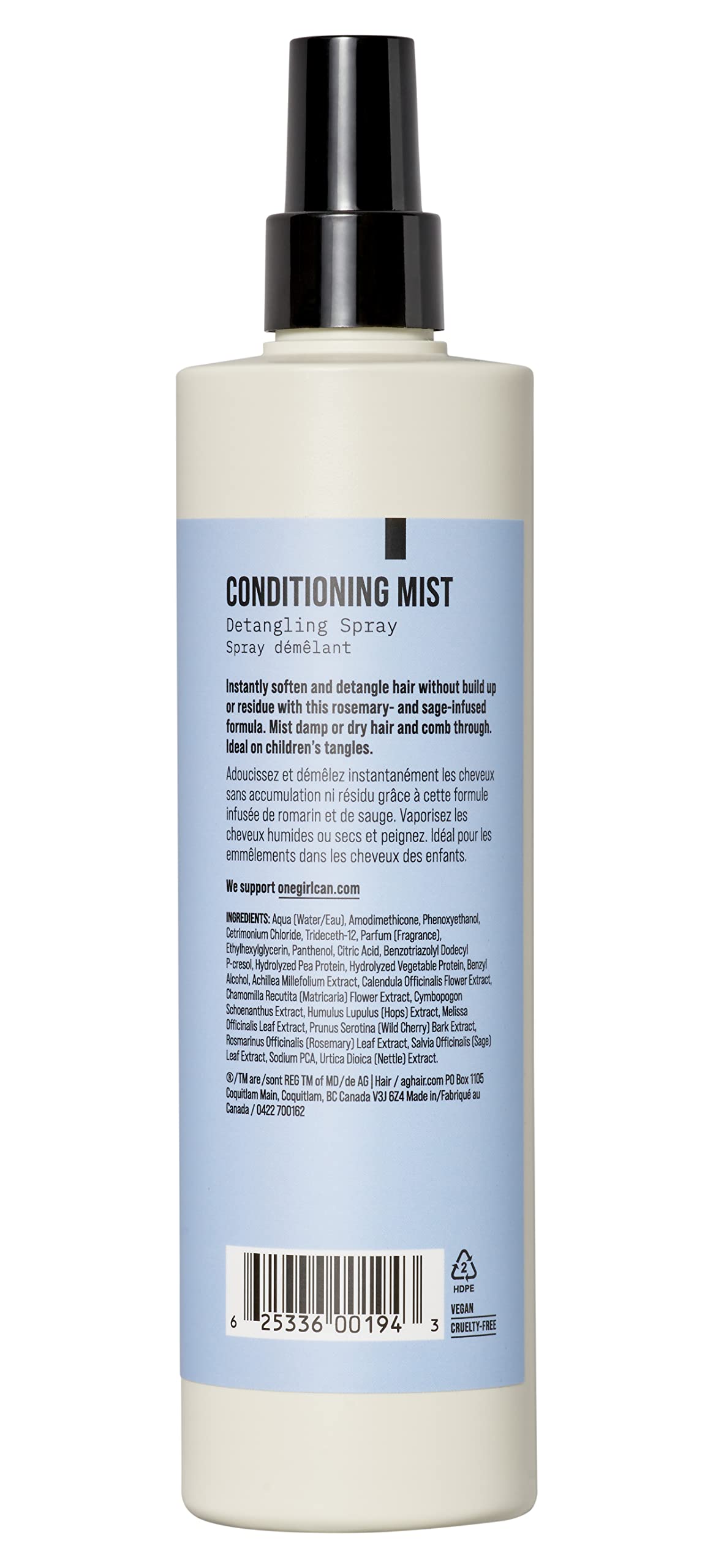 AG Care Conditioning Mist Detangling Spray bottle back label details