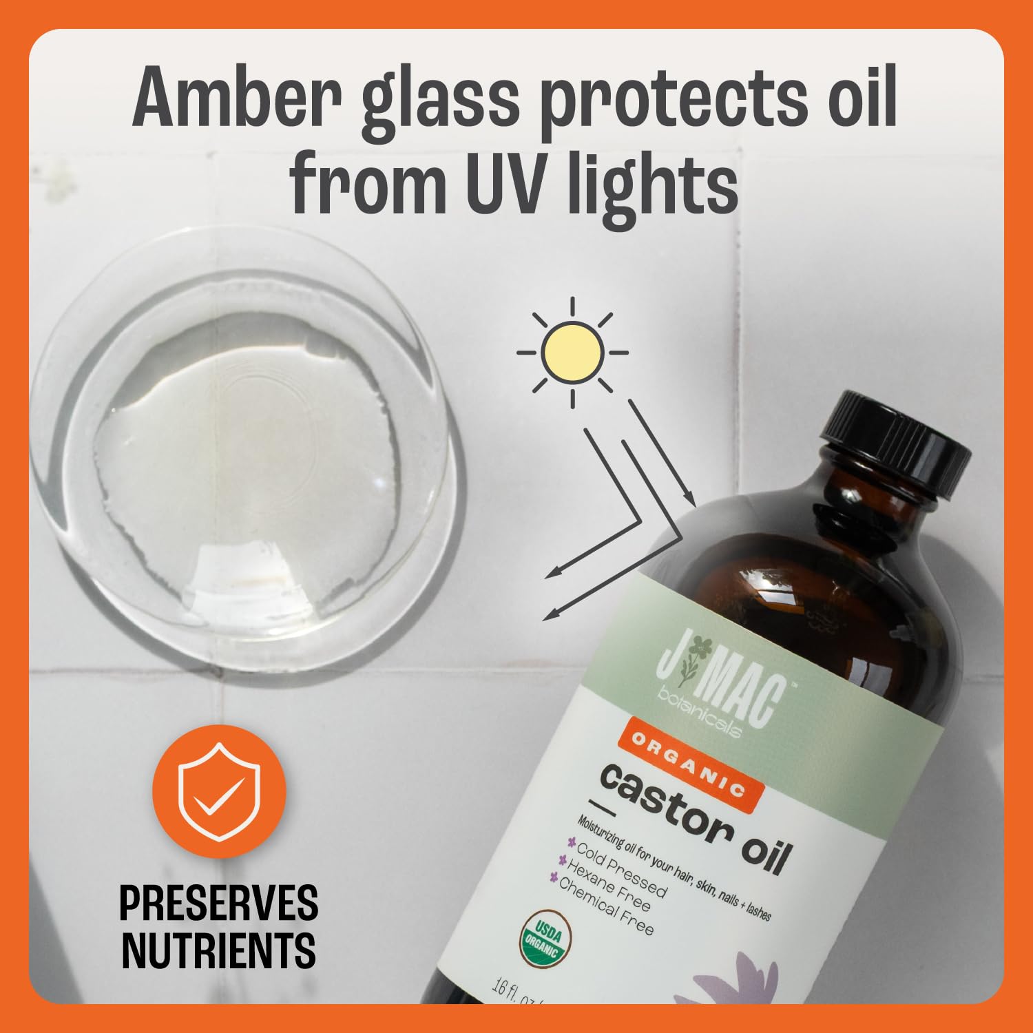 Glass bottle of castor oil for skincare and hair care