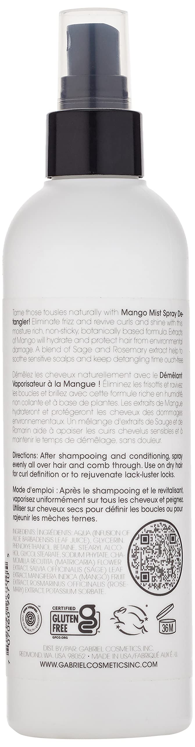 EWG Verified natural children hair detangling spray packaging back view showing directions.