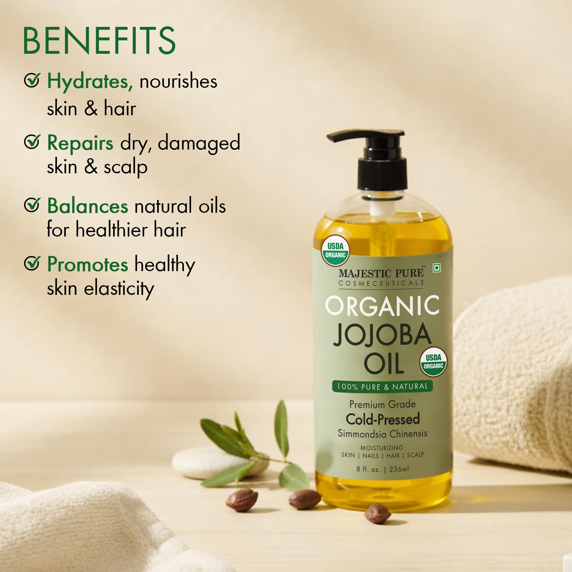 Majestic Pure organic jojoba oil bottle with pump dispenser