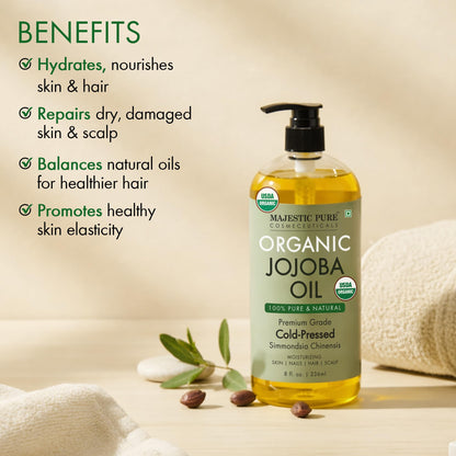 Majestic Pure organic jojoba oil bottle with pump dispenser