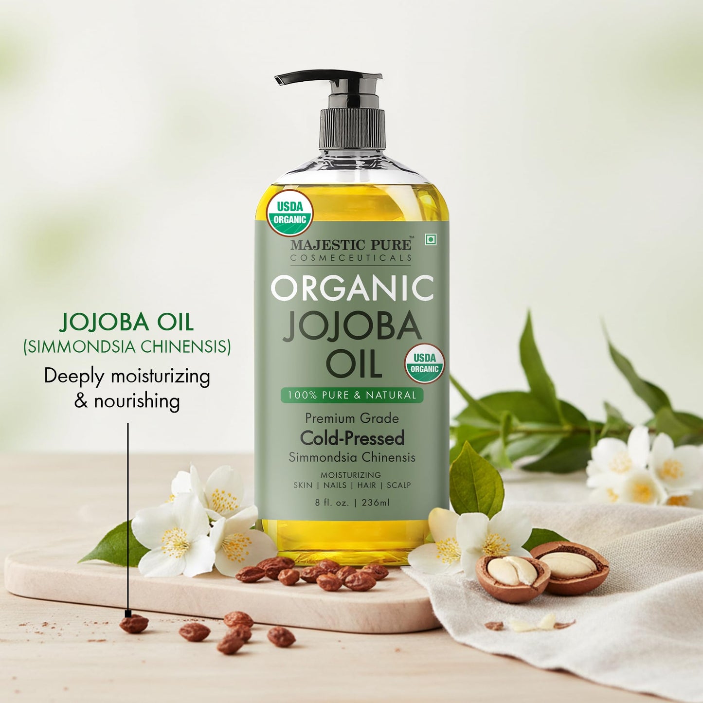 Close up of Majestic Pure organic jojoba oil pump mechanism