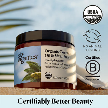 Sky Organics 16.9 fluid ounce bottle next to organic coconut oil