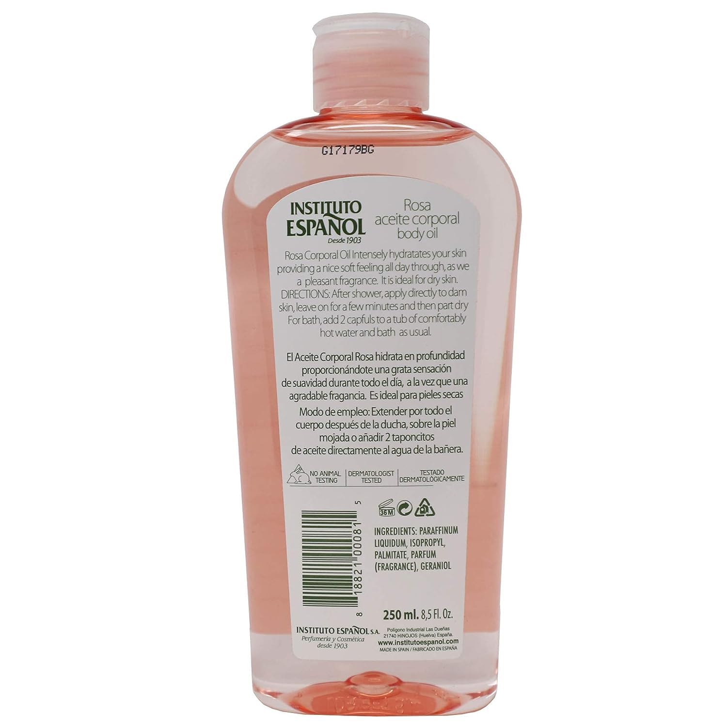 Close up of Instituto Español rose oil bottle label