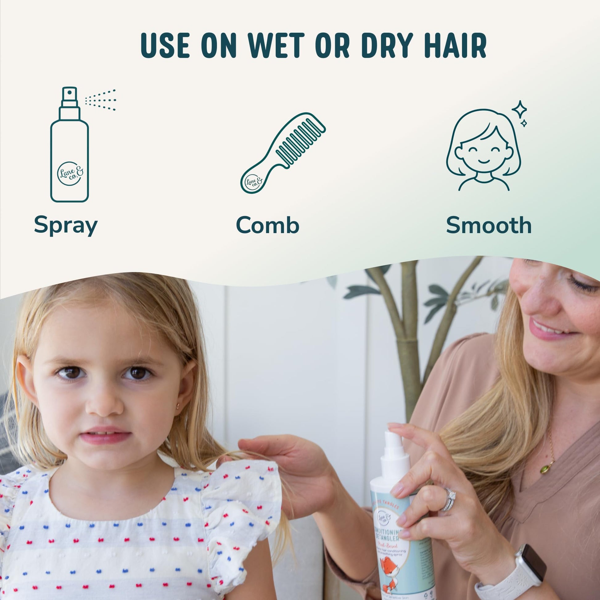 Lane And Co gentle hair detangler mist for toddlers showing the spray nozzle mechanism