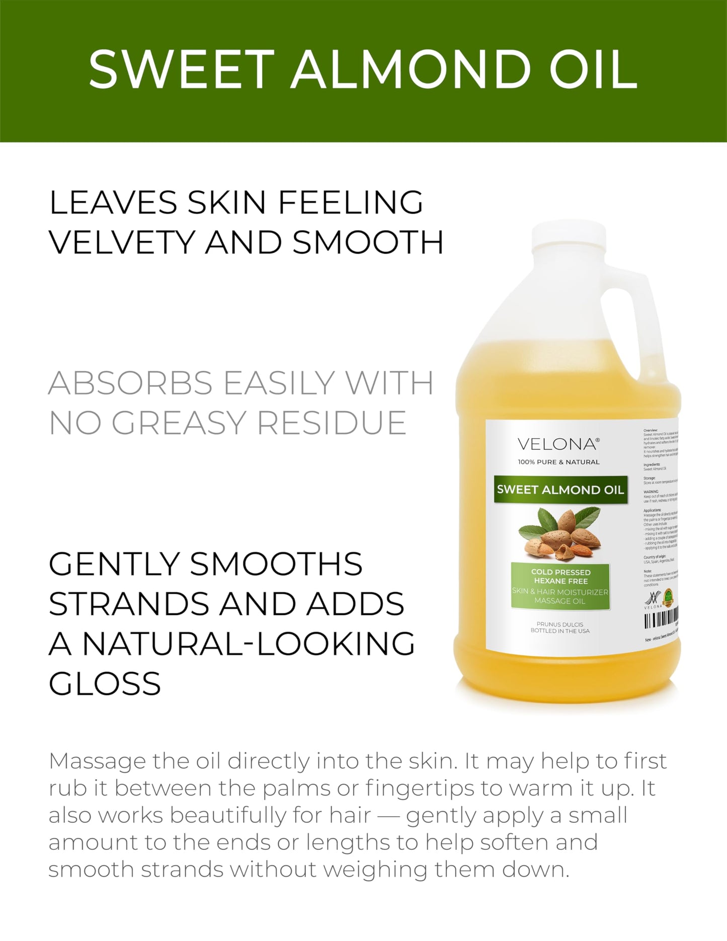 Close up of Velona 100 percent pure cold pressed almond oil label