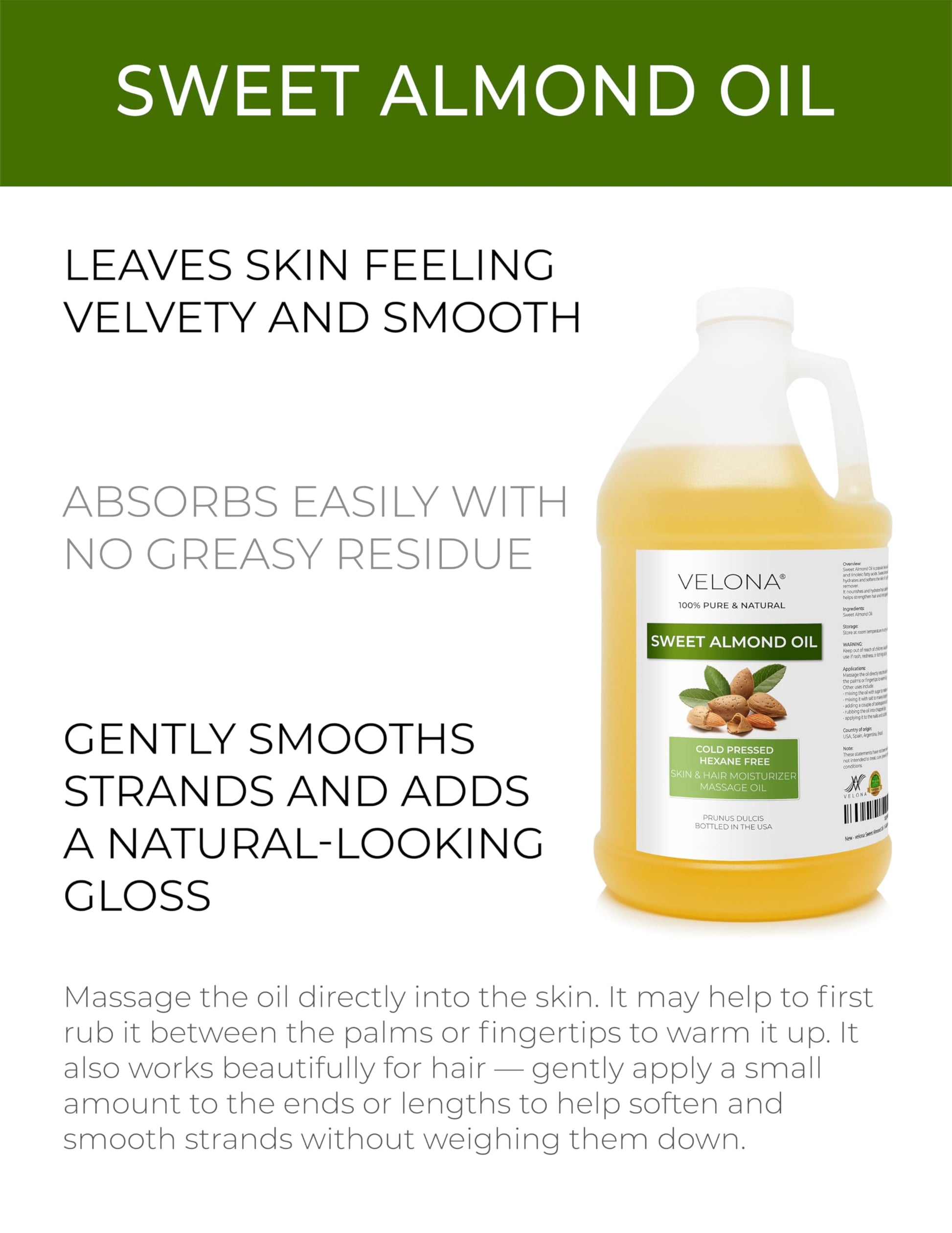 Close up of Velona 100 percent pure cold pressed almond oil label